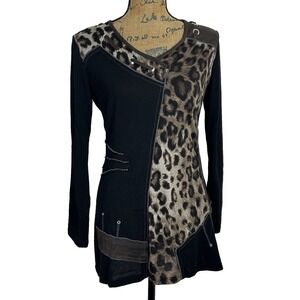 VEX Collection Top 38 Brown Black Long Sl France Animal Print Suede Rockability